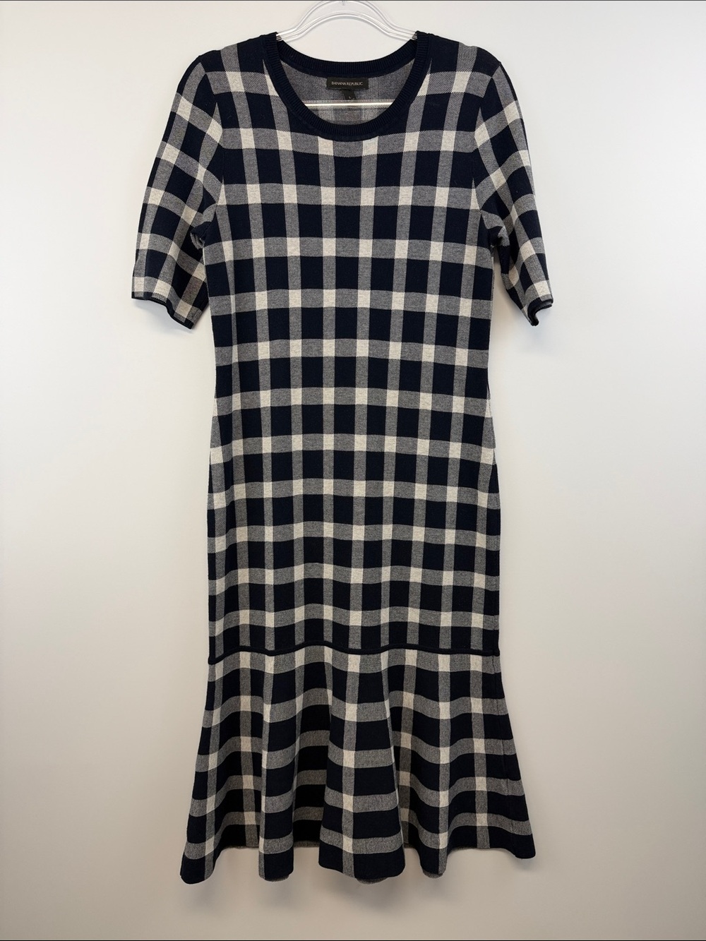 Banana Republic Navy Gingham Sweater Knit Midi Dress Short Sleeve Size L - Picture 3 of 8